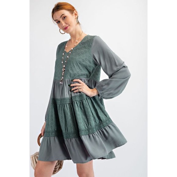 easel Dresses Easel Faded Teal Eyelet Lace Ruffled V Neck Crochet